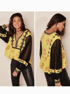 Free People Boogie All Night Embellished Floral Blouse Yellow/Black
